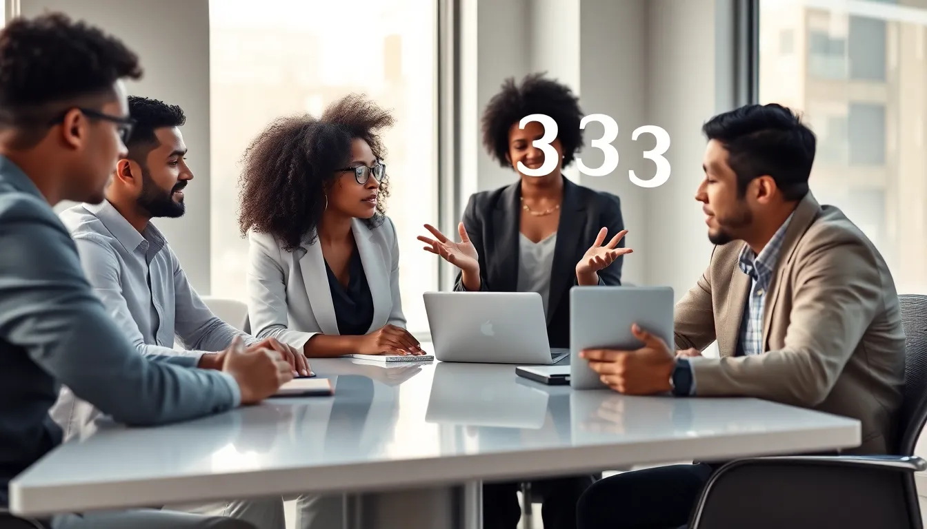 diverse professionals discussing in a modern office.